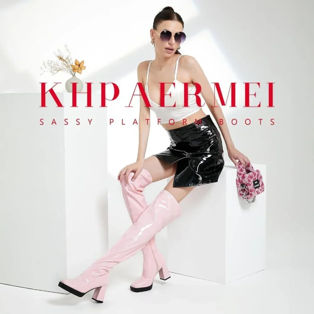 Women Pink Square Toe Chunky Heels Patent Leather PU Over The Knee High Boots